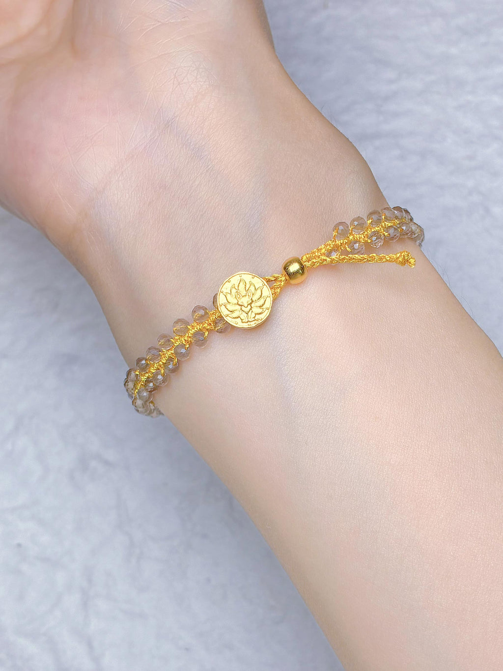 "Basking in Light" Hand-Woven Natural Smoky Quartz Bracelet with Silver Thread — Delicately Shimmering, Skin-Brightening Niche Jewelry