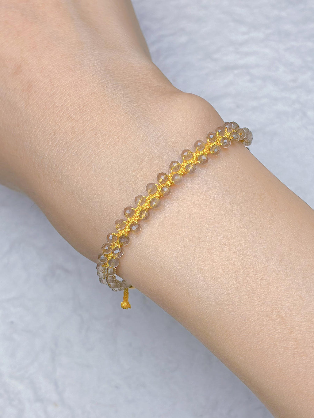 "Basking in Light" Hand-Woven Natural Smoky Quartz Bracelet with Silver Thread — Delicately Shimmering, Skin-Brightening Niche Jewelry