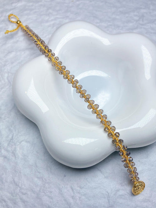 "Basking in Light" Hand-Woven Natural Smoky Quartz Bracelet with Silver Thread — Delicately Shimmering, Skin-Brightening Niche Jewelry